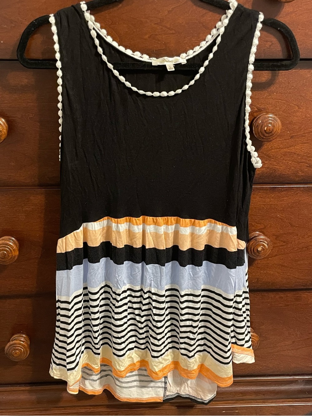 Andre by unit L babydoll crochet fit flare tank top NWOT black blue peach stripe